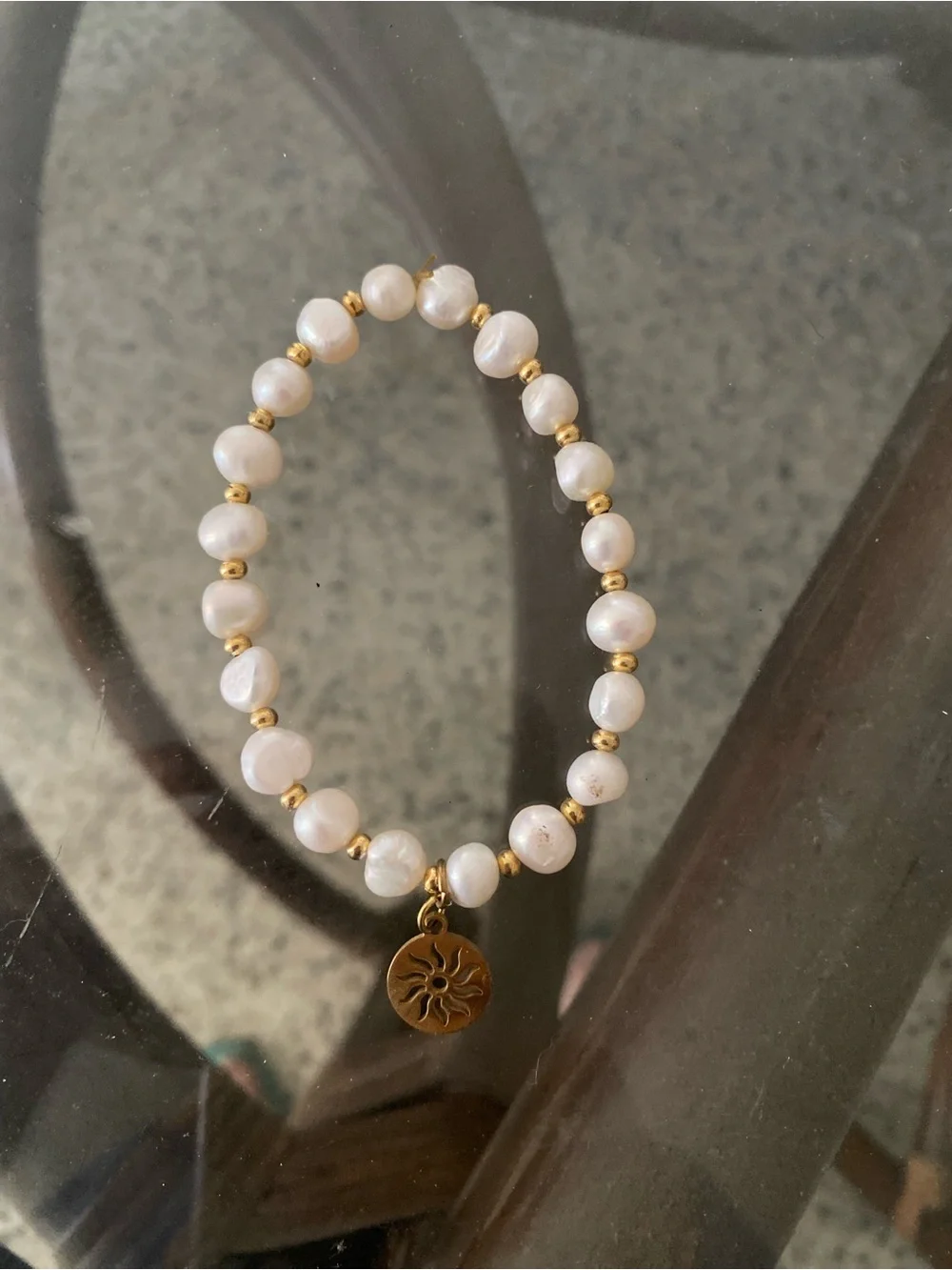 Cultured Pearl and Gold Bead Bracelet with Sun Charm - White